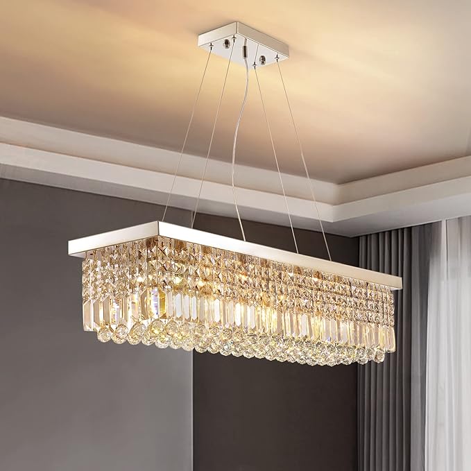 Siljoy Modern Rectangular Crystal Chandeliers 8 Lights Rectangle Raindrop Pendant Ceiling Light Fixture for Kitchen Island Dining Room, Adjustable Height, Polished Chrome Finish, L40 x W10 x H10-Ruum Studio Home