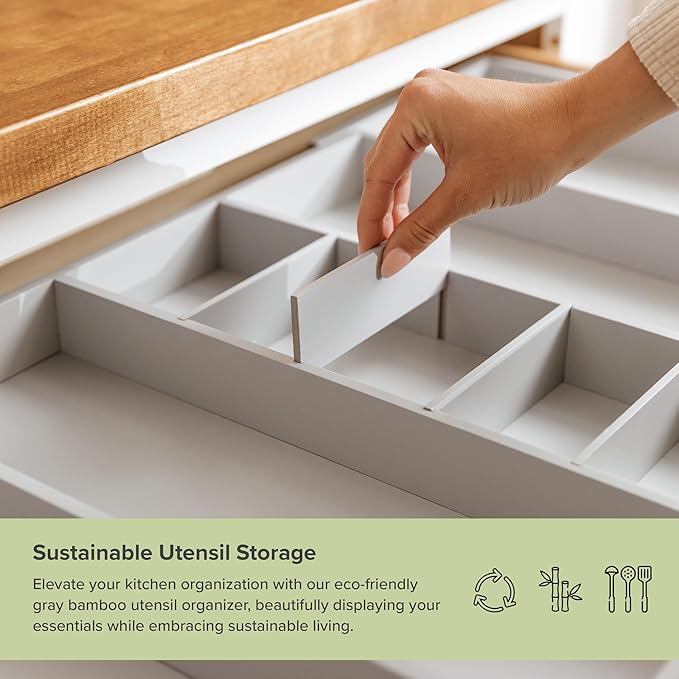 Adjustable Kitchen Drawer Organizer for Utensils and Junk, Food-Safe Contract Grade with 100% Sustainable Wood, Expandable from 19 to 33 Inches Wide - Gray Bamboo-Ruum Studio Home
