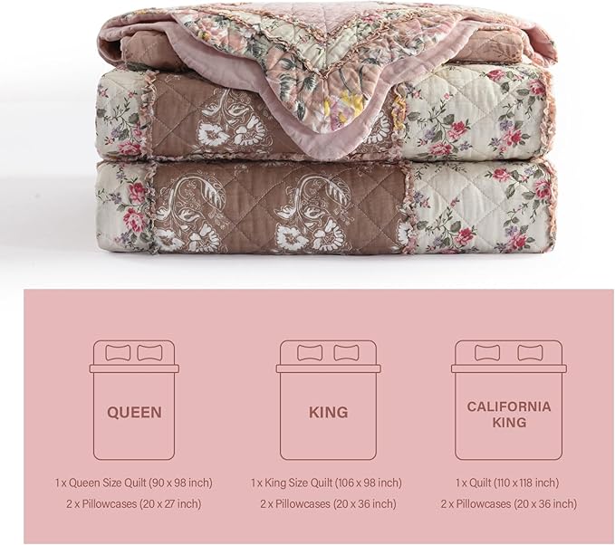 NEWLAKE Quilt Set Queen Size, Cotton Patchwork Pink Floral Quilt Sets, Real Stitched Embroidery Bedspread Lightweight and Breathable for All Seasons, Soft Quilted with 2 Pillow Shams-Ruum Studio Home