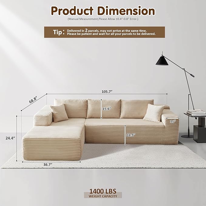 ovios 104" Cloud Sectional Couch with L-Shape Chaise,Modern Modular Sofa with Deep Seat, Upholstered Couches for Living Room Bedroom,No Assembly Required, Beige (Plush Corduroy Fabric)-Ruum Studio Home