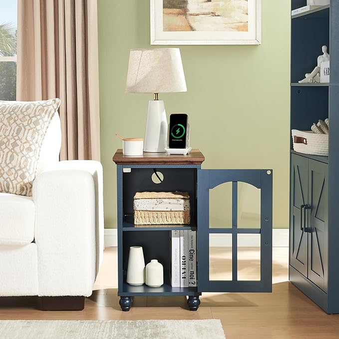 Narrow Side Table,Farmhouse Nightstand with Charging Station,Wood End Table with Glass Barn Door Storage, Cabinet Organizer with Adjustable Shelf, Night Stand for Small Spaces for Living Room Bedroom-Ruum Studio Home