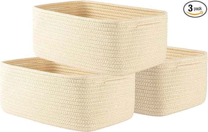 KALLAX Small Woven Basket, 13.5 x 9.5 x 5 Inches, Storage Basket for Organizing, Cute Small Rope Shelf Closet Cube Storage Bins Baskets for Shelves, Dog Toy Gift Baskets Empty, 3 Packs, Beige-Ruum Studio Home