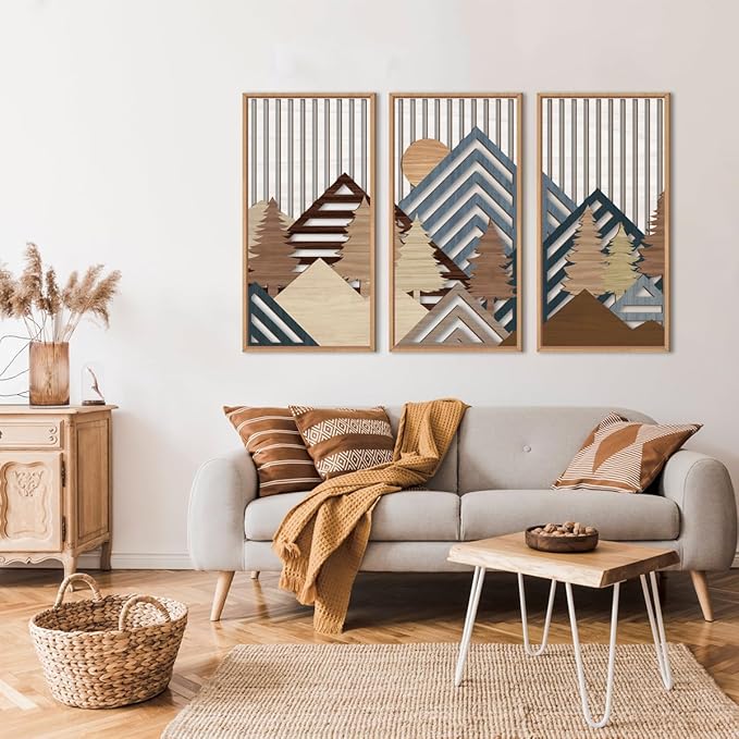 IARTTOP Large Mountain Wood Wall Art 16"x32"x3 Abstract Forest Wall Sculpture Geometric Boho Sunset Wilderness Artwork for Bedroom Living Room Office-Ruum Studio Home