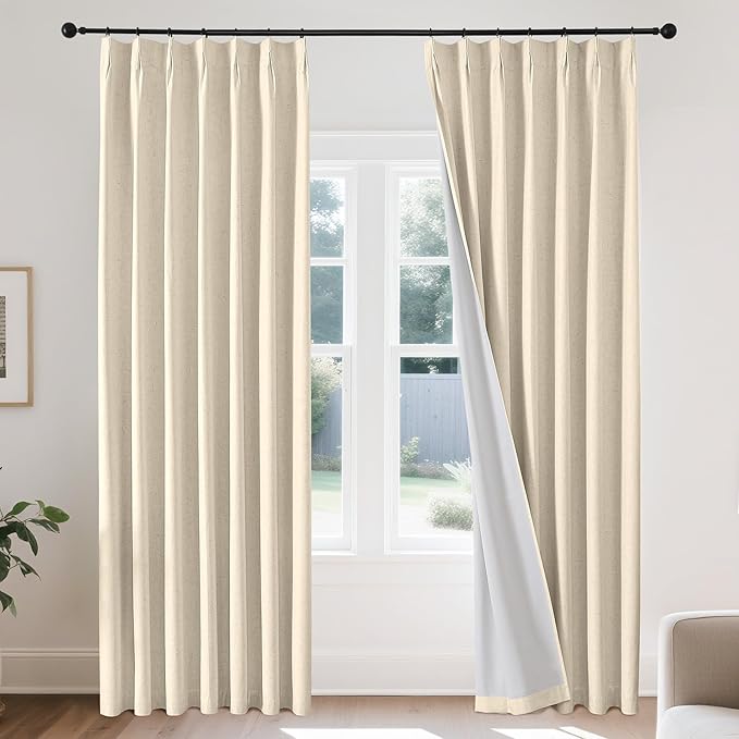 Joydeco Pinch Pleated Linen Curtains Darkening Drapes for Bedroom, 100% Blackout Drapes 96 inches Long 2 Panels Heat Blocking Curtains(Bleached Sand,40'' Wx96'' L)-Ruum Studio Home