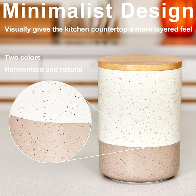 Yangbaga Canisters Sets for Kitchen Countertop-Set of 4 Ceramic Kitchen Canisters Food Storage Jar with Airtight Wood Lids & Spoons & Label,Large Flour and Sugar Containers for Serving Ground Coffee-Ruum Studio Home