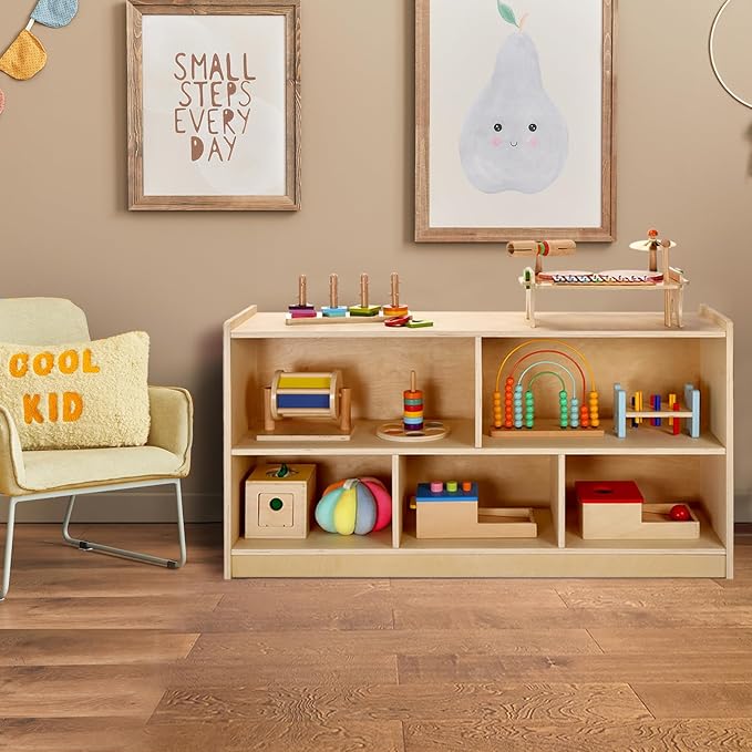 wingyz Wooden Storage Cabinet, 5-Section Montessori Bookshelf, Kids Toy Storage Organizer Book Shelf for Kids Rooms, Classroom, Playroom, Nursery, Preschool Book Shelves-Ruum Studio Home