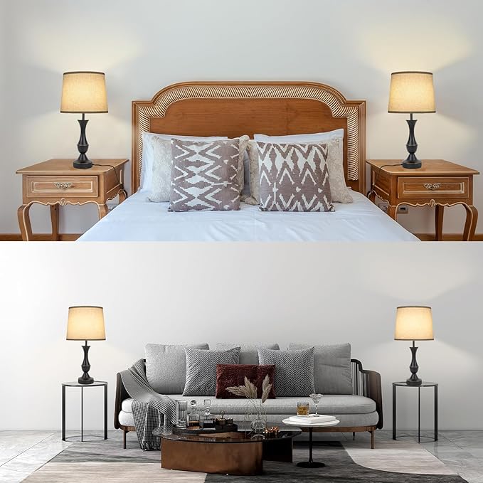 Touch Lamps for Bedrooms Set of 2, Farmhouse Table Lamp with USB C Charging Port, 3 Way Dimmable Nightstand Lamps with Linen Fabric Lampshade for Bedroom, Living Room (Pack2-Black)-Ruum Studio Home