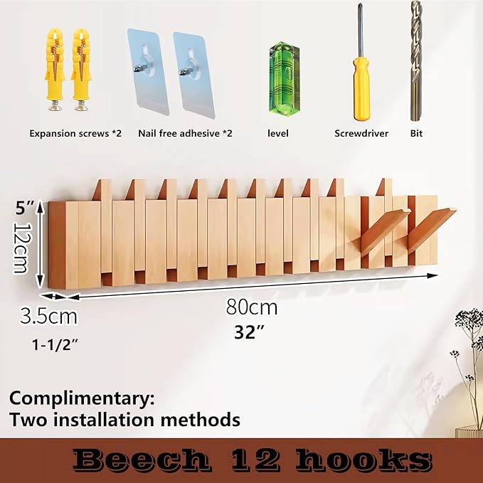 Wall Mounted Piano Key Hanger | Flip Style Hook | Entrance Wall Art Hook, Made of Oak Wood (3 Times Painted, 4 Times Polished) (Beech, 12Hooks)-Ruum Studio Home