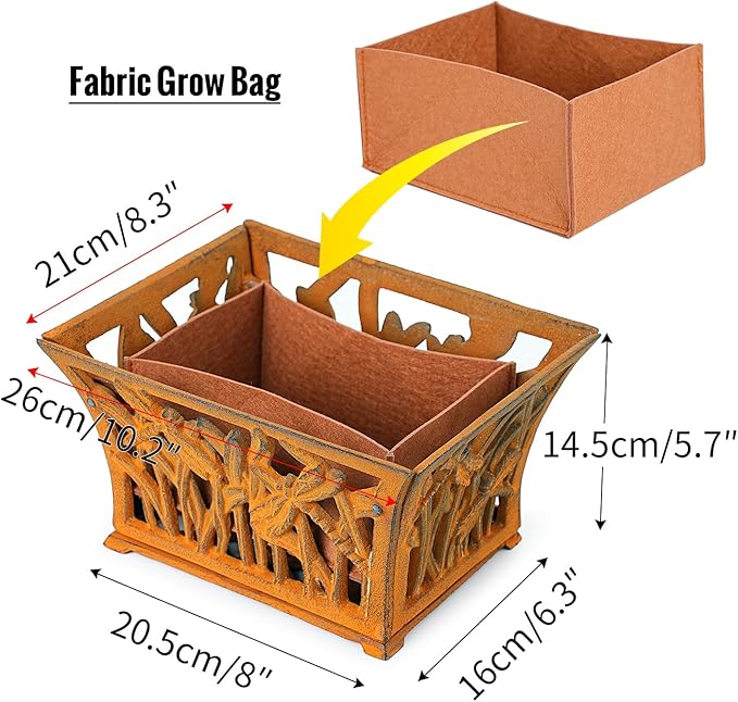Sungmor Heavy Duty Cast Iron Planter Basket w/Non-Woven Growing Bag, Unique Shape & Beautiful Pattern Design, Hollow Orchid Flower Pot Garden Tools Holder, Full Rusted French Country Decor Container-Ruum Studio Home