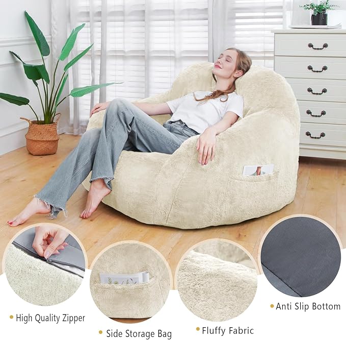 Giant Bean Bag Chair, Oversized Bean Bag Chairs for Adults and Kids, Gaming Chair Stuffed Memory Foam | Storage | Non-Slip, Removable Bean Bag Sofa Comfy Chair for Bedroom, Livingroom (Beige)-Ruum Studio Home