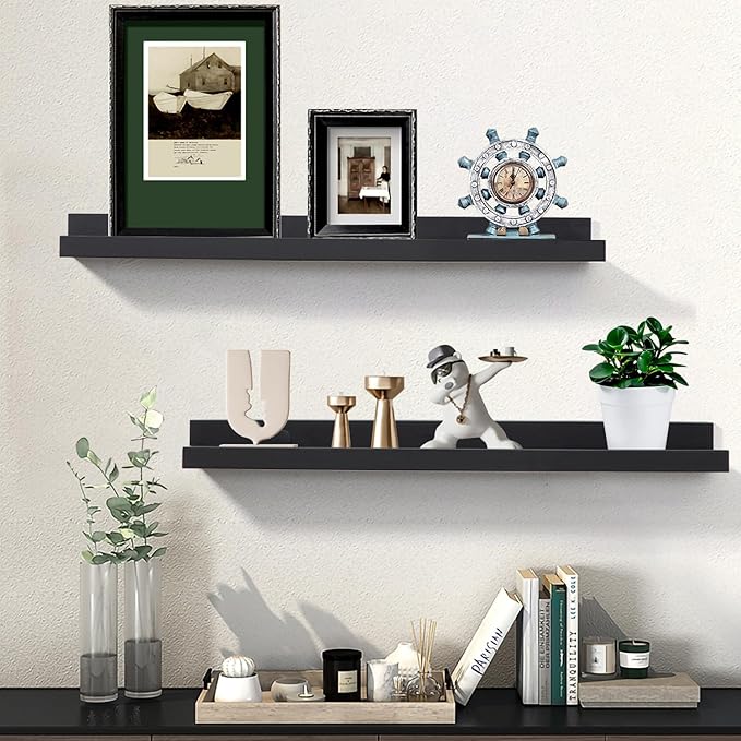 Black Floating Shelves for Wall 24 Inch Wall Shelves with Lip Modern Picture Ledge Shelf Wall Mount Photo Shelves Room Decor Hanging Book Shelves Set of 2 for Bedroom Living Room Bathroom Kitchen-Ruum Studio Home