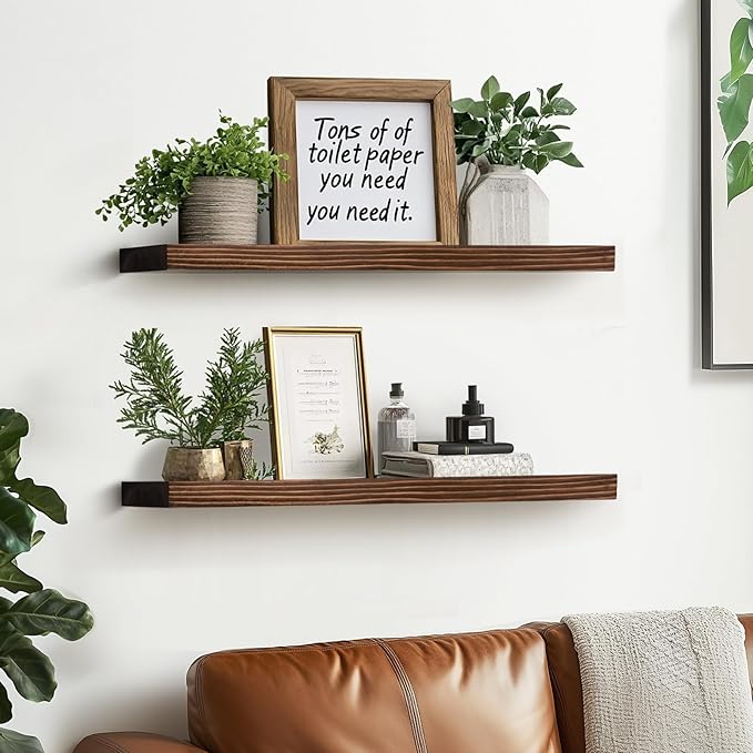 24"x6.8"x1.2" Solid Wood Floating Shelves 2-Pack - Rustic Brown Finish with Hidden Brackets, Perfect for Storage and Décor in Living Room, Kitchen, Bedroom-Ruum Studio Home