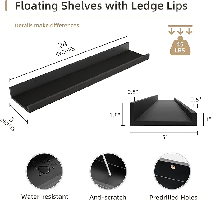 Picture Ledge Shelf, Wood Floating Shelves Set of 4, 24 inch Picture Ledge Shelves, Photo Ledge Nursery Book Shelves Wall Mounted for Living Room Kids' Room Bedroom, Color Black-Ruum Studio Home