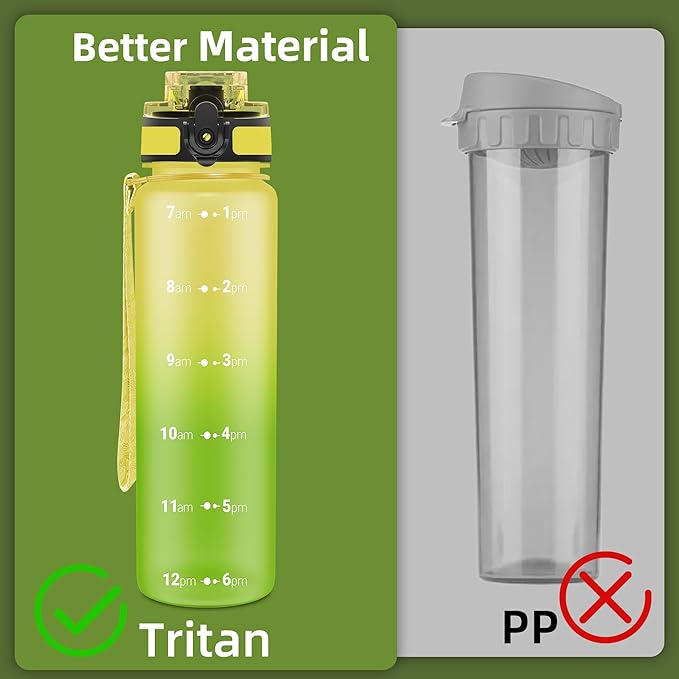 OLDLEY 32 oz Water Bottle, Motivational Water Bottle with Time Marker, Sports Water Bottle With Strap, Leakproof & BPA Free Large Water Bottles for School, Gym, Travel, Outdoor, Tritan,Yellow&Green-Ruum Studio Home