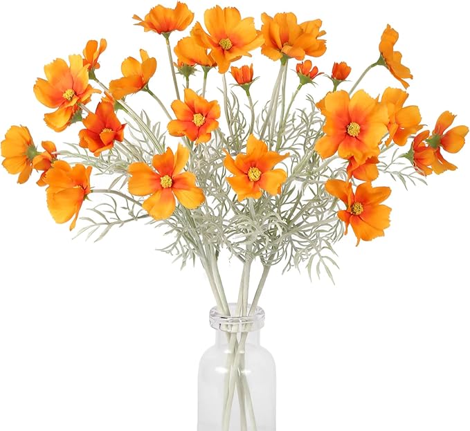 IPOPU Orange Silk Flowers Artificial Daisies 5PCS Cosmos Artificial Flowers Fake Wildflowers Daisy Flowers with Stems for Home Decor Indoor Floral Arrangements Centerpiece (Orange)-Ruum Studio Home