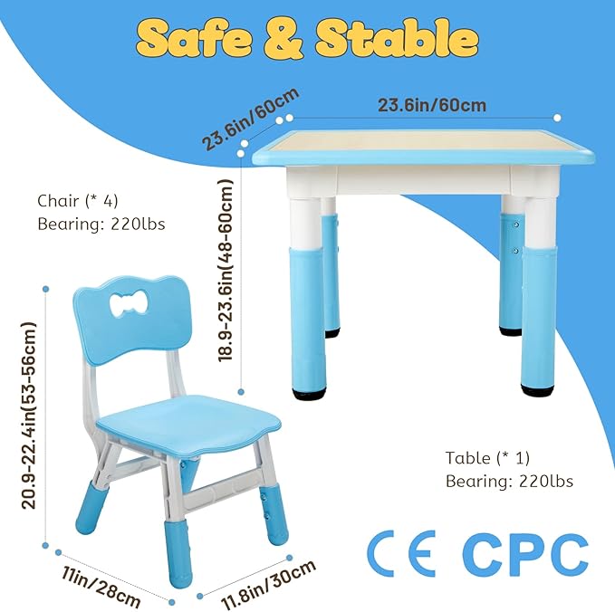 FUNLIO Kids Table and 4 Chairs Set, Height Adjustable Toddler Table and Chair Set for Ages 3-8, Easy to Wipe Arts & Crafts Table, for Classrooms/Daycares/Homes, CPC & CE Approved (5-Piece Set) - Blue-Ruum Studio Home