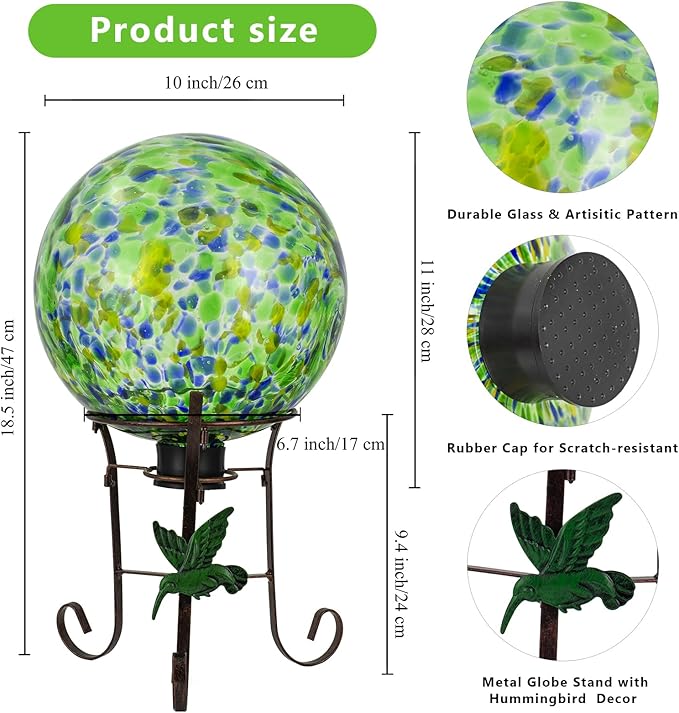 10 Inch Glass Gazing Ball, with 9.4" Tall Metal Gazing Globe Stand, Glass Balls Display Holder Set for Outdoor Garden Lawn Yard Decoration, Bright Summer Burst-Ruum Studio Home