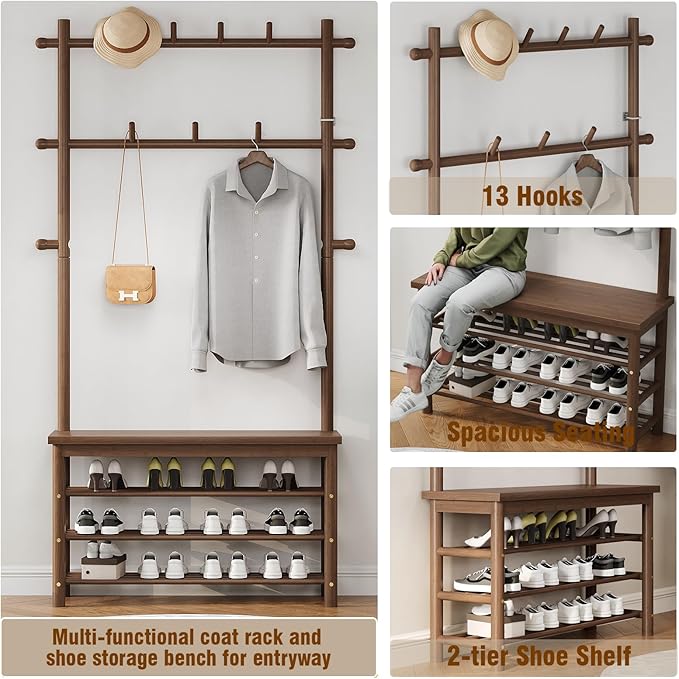 Bamboo Hall Tree with 13 Hook, 6-in-1 Entryway Bench with Coat Rack Freestanding, Coat Rack with Shoe Storage Bench Organizer for Mudroom, Bedroom, All-in-One Shoe Rack,Walnut-Ruum Studio Home