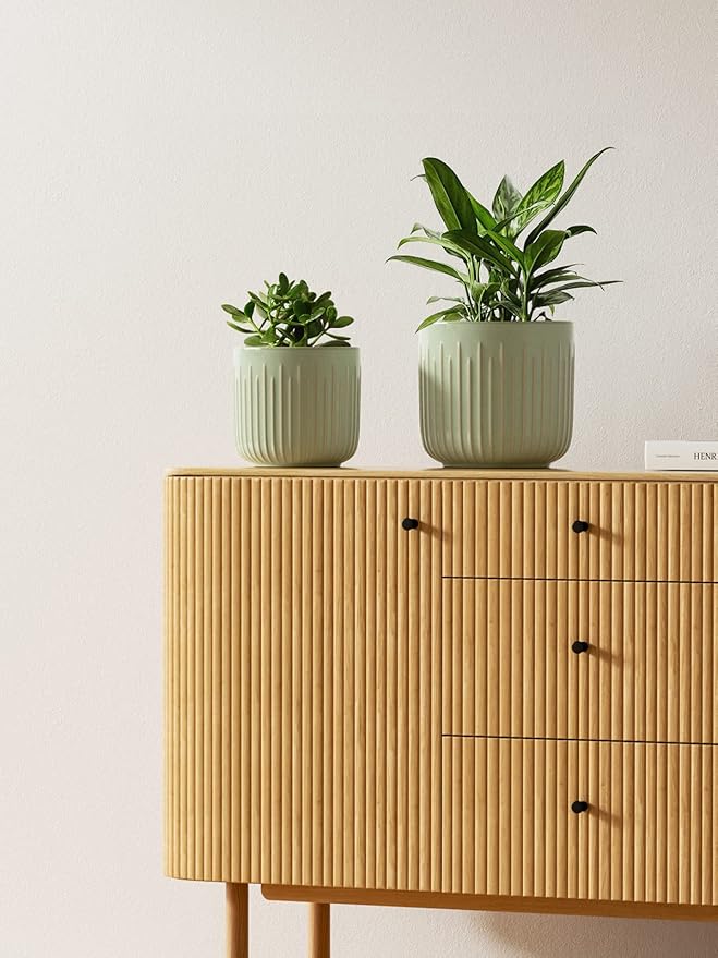 LE TAUCI Fluted Ceramic Planters Set of 3 – 8.3/7 / 5.7 in Sage Green Reactive Cylinder Indoor Plant Pots with Drainage Plug & Mesh, Glossy Stoneware Flower Pots for Succulents Herbs-Ruum Studio Home