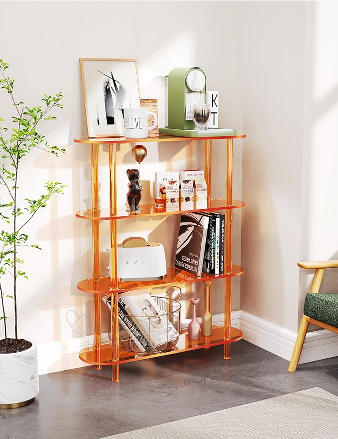 Clear Bookshelf, Acrylic Bookcase with Open Book Shelf for Office Living Room Bedroom (4 Tier Orange)-Ruum Studio Home