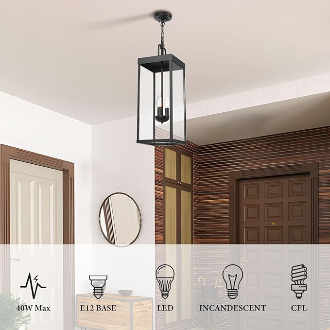 Large Outdoor Pendant Lantern Light Fixture for Front Porch, 24 Inch 3-Light Black Exterior Hanging Chandelier with Clear Glass, Outdoor Indoor Pendant Lamp for Patio, Gazebo, Entryway, Doorway-Ruum Studio Home