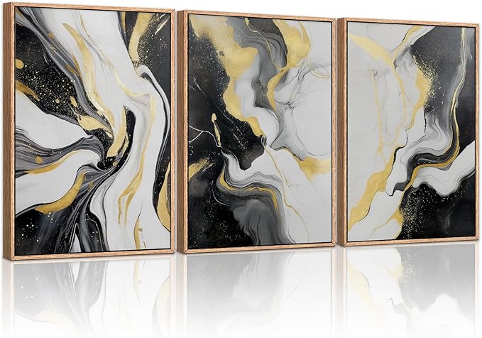 HLNIUC Abstract Gold and Black Framed Canvas Wall Art,Large Neutral Black and White Wall Decor Set of 3(16”x24”)Modern Gold Foil Framed Painting,Textured Marble Fluid Art Print for Living Room,Bedroom-Ruum Studio Home