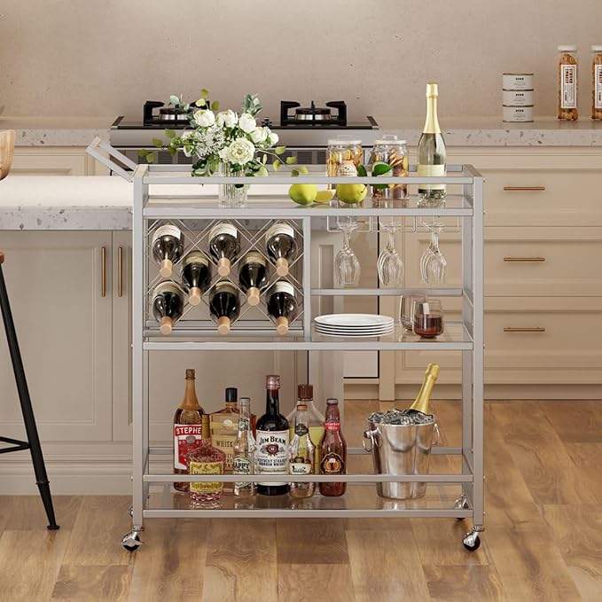 FATORRI Bar Cart Silver, Bar Carts for The Home, Home Bar Serving Carts for Liquor, Rolling Wine Cart with 3 Tier Mirrored Shelves on Wheels for Alcohol and Beverage (Silver)-Ruum Studio Home