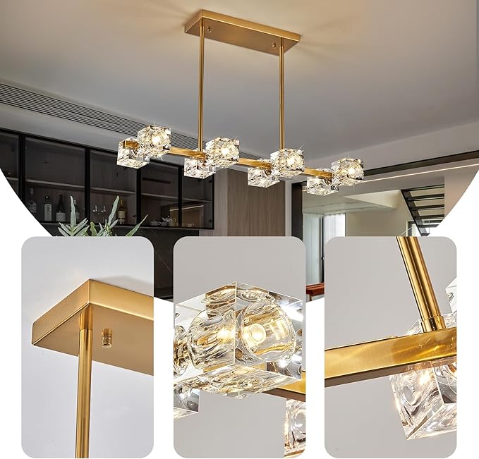 Dining Room Light Fixture,Gold Modern Crystal Chandelier Rectangular Pendant Light with 8 Light Farmhouse Chandeliers for Kitchen Island Dining Room Living Room Bedroom-Ruum Studio Home
