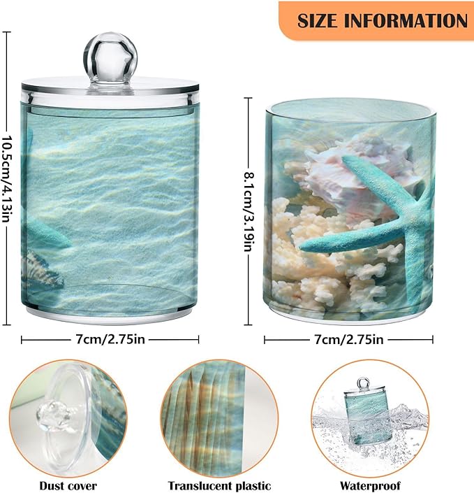 2 Pack Qtip Holder Organizer Dispenser Seashell Starfish Summer Beach Bathroom Storage Canister Cotton Ball Holder Container for Cotton Swabs/Pads/Floss-Ruum Studio Home
