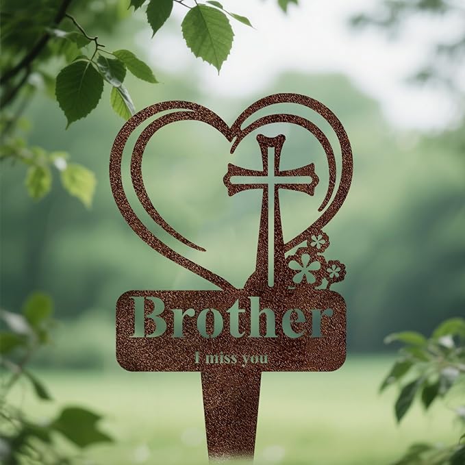Brother Memorial Grave Stake, Cemetery Decorations for Grave Markers 12.5 x 7.2 inch Heart Metal Sympathy Stakes Graveside Plaque Decor Sign for Brother Graves, Yard, Garden - Rust-Brother-Ruum Studio Home