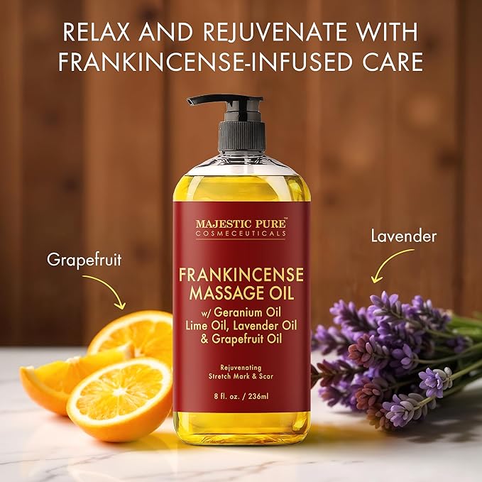 MAJESTIC PURE Frankincense Scar and Stretch Massage Oil for Massage Therapy - Refreshing, and Relaxing - Natural Oils with Frankincense Essential Oil - for All Skin Types - Men and Women - 8 fl oz-Ruum Studio Home