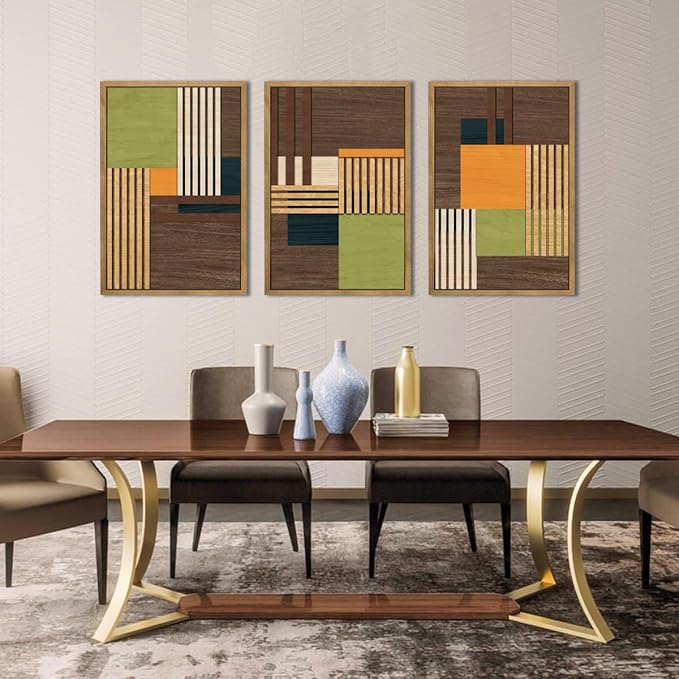 Large Modern Abstract Wall Art Set Minimalist Line Wood Wall Decor Neutral Brown Art Decor Colorful Geometric Wooden Wall Sculptures for Living Room Bedroom Office-16x24Inchx3-Ruum Studio Home