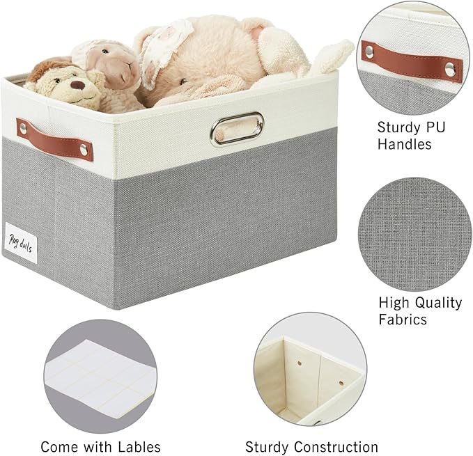 Large Collapsible Fabric Storage Bins with 3 Handles, Foldable Organizer Baskets for Closet, Shelves, Living Room | 3 Pack, Durable PU & Metal Handles (14.9"x9.8"x9.8", Gray & White)-Ruum Studio Home
