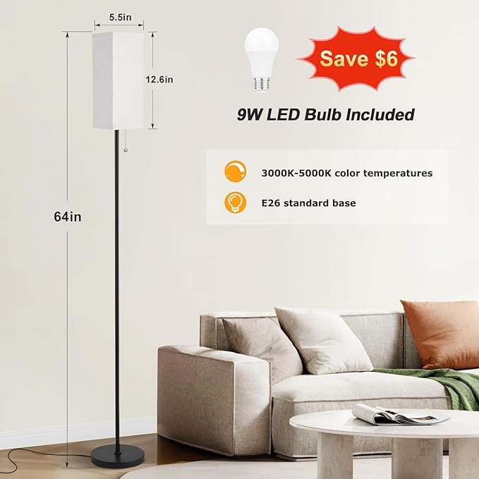 Ambimall Floor Lamp with 3 Color Temperatures Bulb & Pull Chain Switch, 64" Standing lamp, Beige Square Shade & Black Pole-Ruum Studio Home