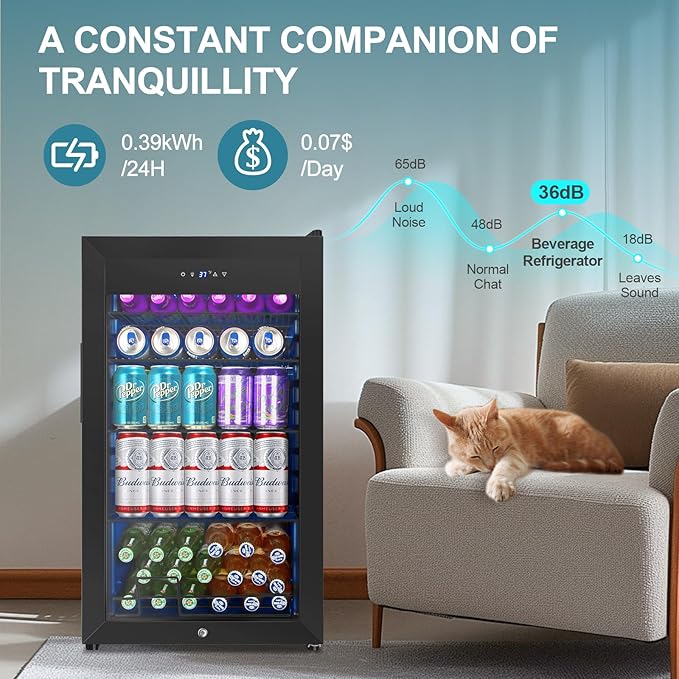 Beverage Refrigerator Cooler, 128 Cans 3.2 Cu.Ft Mini Fridge Glass Door for Drink Beer Soda Wine, Small Fridge with 4 Adjustable Removable Shelves for Kitchen, Bedroom, Office, Bar, Gaming Room, Black-Ruum Studio Home