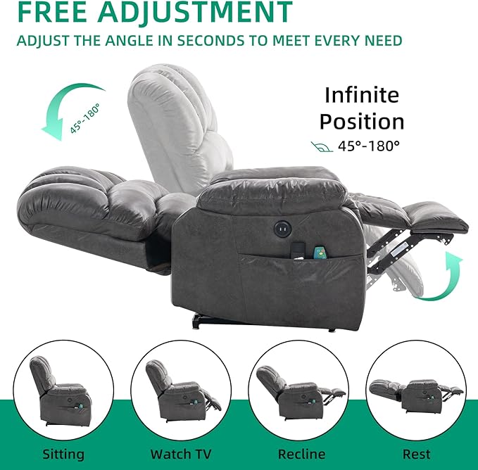 VIVIJASON Large Dual OKIN Motor Lay Flat Sleeper Lift Recliner Chair with Heat & Massage for Elderly, Infinite Position Electric Power Recliner with 2 Remote Controls, Side Pockets & USB Ports, Gray-Ruum Studio Home