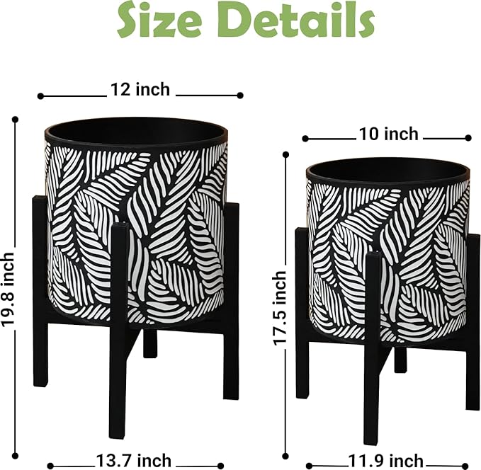 10 & 12 Inches Plant Pot with Stand Set of 2, Decorative Palm Leaves Printing Planter with Holder, Garden Pot for Snake Plant, Monstera, Houseplants - Indoor Outdoor Flower Pots with Drainage Holes-Ruum Studio Home
