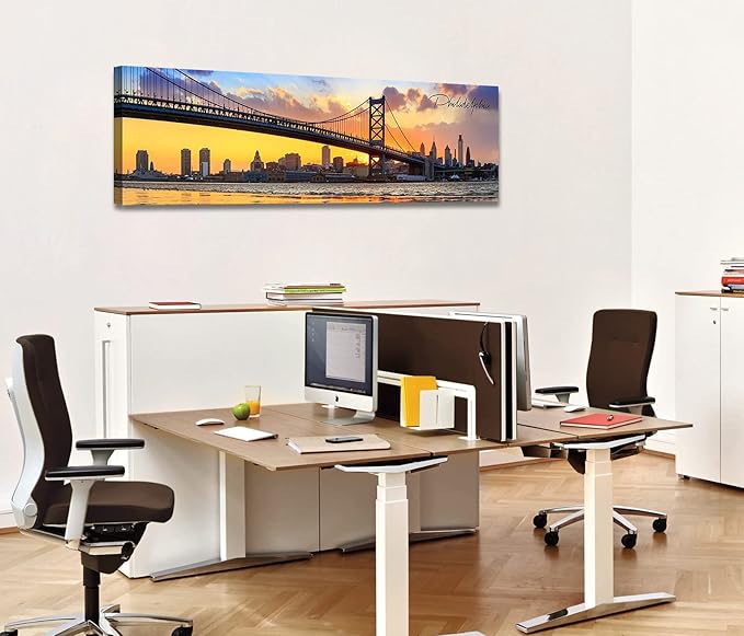 Philadelphia Skyline Wall Art Cityscape Living Room Decor Panorama Pictures City Building House Poster Canvas Print Bridge Sunset Scenery Office Bedroom Decorations Framed 13.8"x45.3"-Ruum Studio Home