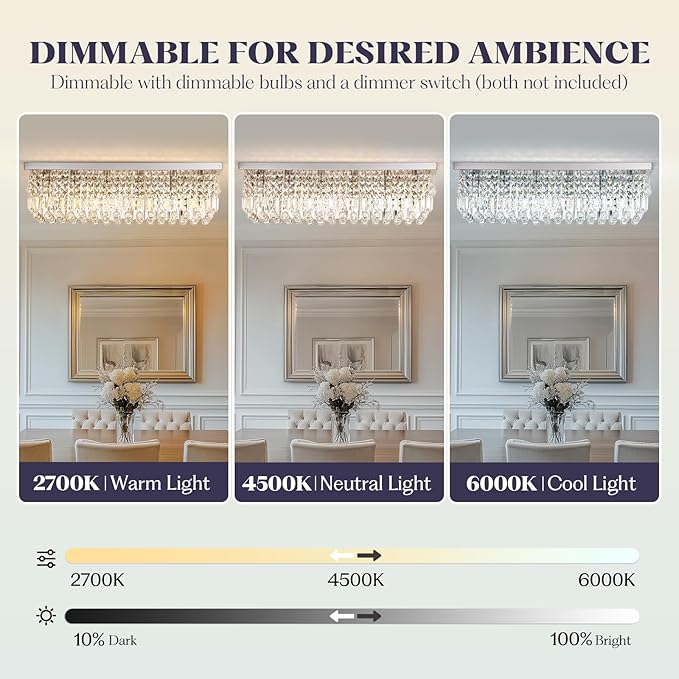 Rectangular Chandelier, Flush Mount Rectangle Chandelier Modern K9 Crystal Chandeliers Light Fixture, 6-Lights Raindrop Crystal Pendant Ceiling Light for Dining Room Bedroom Bar Club L31.5 Inch-Ruum Studio Home