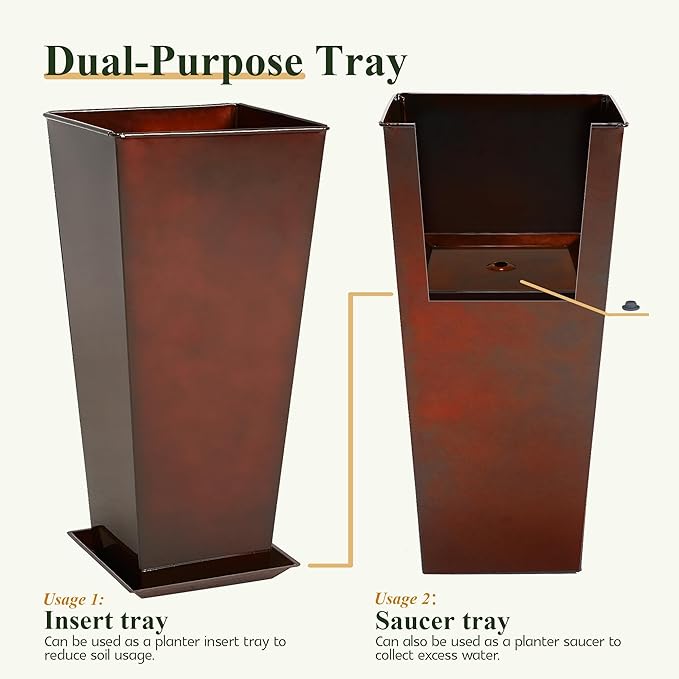 WORTH Garden 28" Large Metal Glazed Planter Set of 2, Luxurious Glossy Finish Red Tall Square Tapered Steel Plant Pots, Decor Flower Pot Indoor & Outdoor, Drainage Hole & Dual-Purpose Plant Saucer-Ruum Studio Home