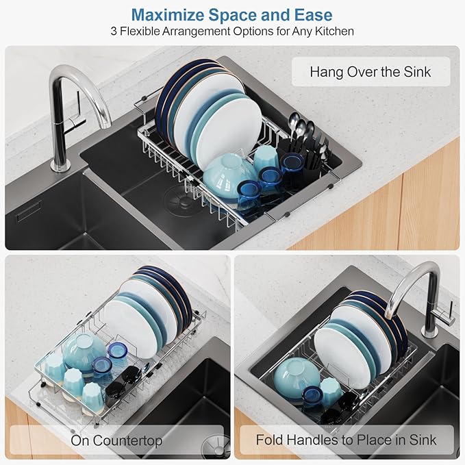 GSlife in Sink Dish Drying Rack - Stainless Steel Capacity Expandable Over The Sink Dish Drainer with Lock Knob and Utensil Holder for Kitchen Sink, 10.8"-17.9" L x 12.8" W, Silver-Ruum Studio Home