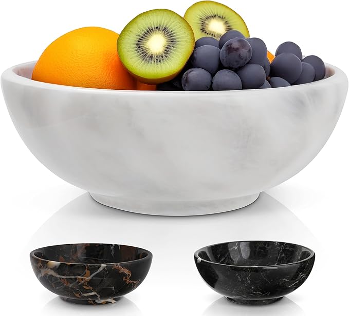 Gusto Nostro 8" Luxury White Marble Decorative Bowl for Coffee Table - Elegant Modern Fruit Bowl for Kitchen Counter - Heavy Stone Entryway Catch all for Keys, Jewelry, Potpourri Holder - Medium Size-Ruum Studio Home