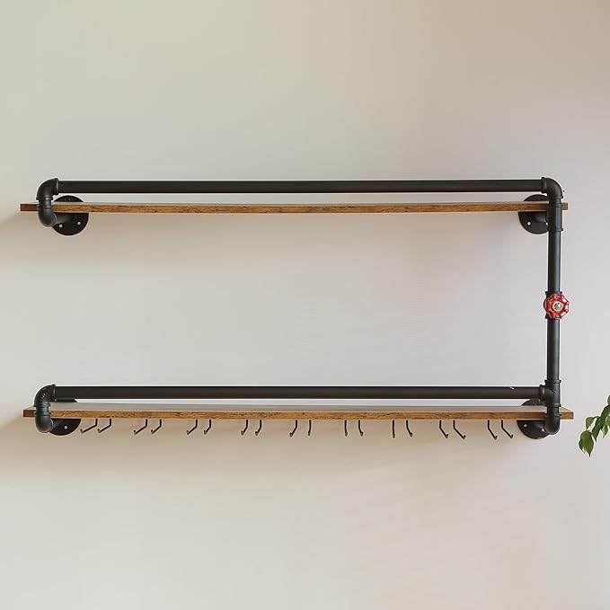 41 Inch Wine Rack Wall Mounted 2 Tier, Hanging Floating Bar Liquor Shelves with Glass Holder Storage Under, Industrial Rustic Pipe Farmhouse Kitchen Decor Black-Ruum Studio Home