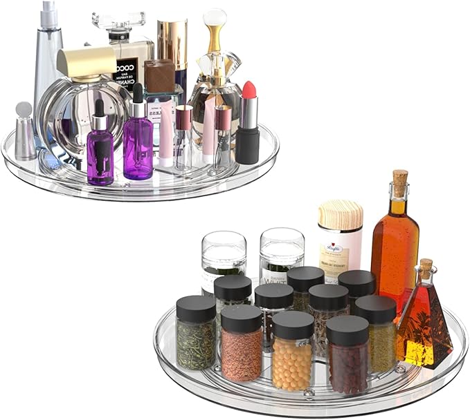 URALFA Lazy Susan Organizer for Cabinet 2 Pack, 10.6" Clear Lazy Susan Turntable Rotating Organizer, Plastic Organization and Storage Spinning Spice Rack for Kitchen, Bathroom, Pantry, Fridge, Table-Ruum Studio Home