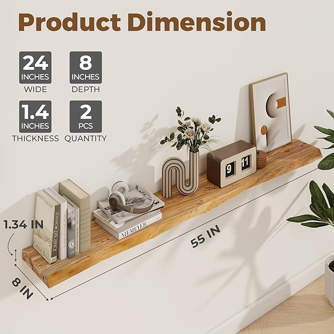 Axeman 55 inch Floating Shelves for Wall - 8'' D Live Edge Rustic Solid Elm Wood Floating Shelves Wall Mounted, Hanging Shelves with Invisible Bracket for Living Room Bedroom Kitchen, Natural-Ruum Studio Home