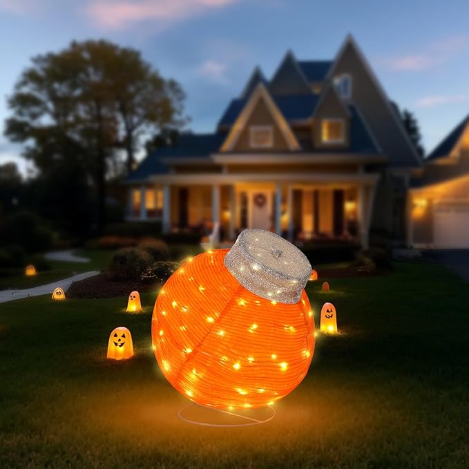 BRIGHTDECK Outdoor Halloween Ornaments, Lighted Pop-Up Outdoor Holiday Ball Decoration with 80 LED Lights, 8 Light Modes, Lighted Collapsible Holiday Decorations for Yard, Home(Orange)-Ruum Studio Home