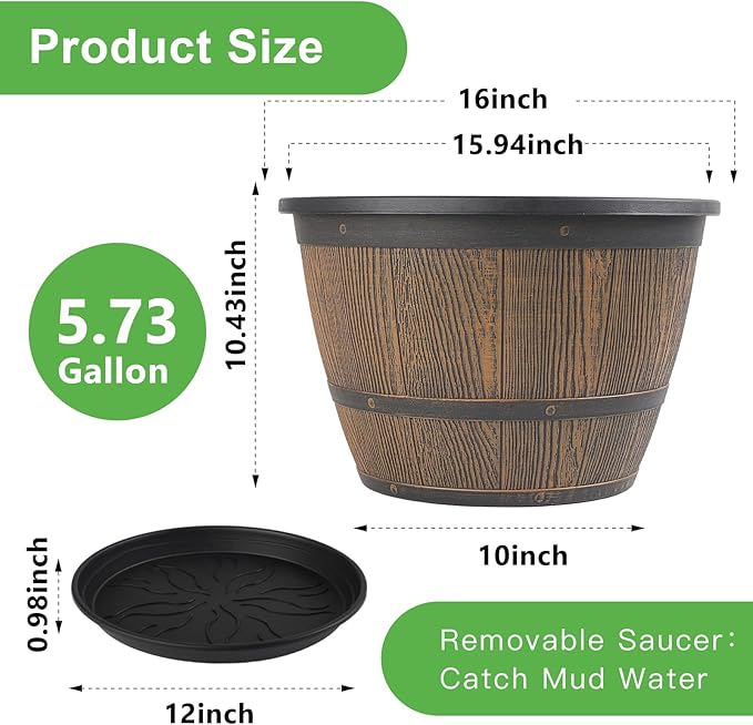 16-inch-Plant-Pots-Indoor-Outdoor, 4 Pack Large Whiskey Barrel Planters with Drainage Holes & Saucer, Plastic Flower Pots Imitation Wine Barrel Design, Decorative Garden Pots for Plants-Ruum Studio Home