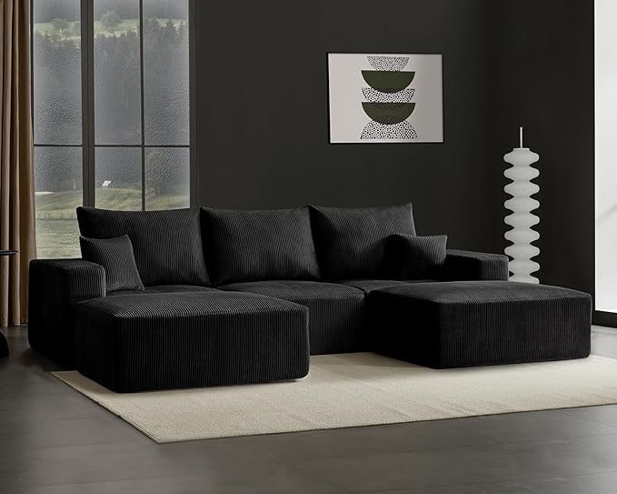 40" Square Stuffed Ottoman Pouf for Sofa Couch, Corduroy Poufs with Foam Chunk Filling, Furry & Fluffy Foot Stool Movable Ottoman. 40 * 31 Floor Poufs Foot Rest for Living Room, Black-Ruum Studio Home