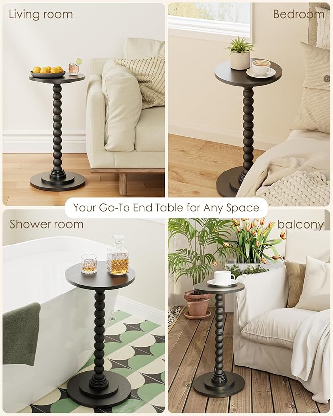 Masupu Round Side Table, Small End Table for Small Spaces, Pedestal Drink Table with Solid Wood Leg for Living Room, Bedroom, Corners(Black)-Ruum Studio Home