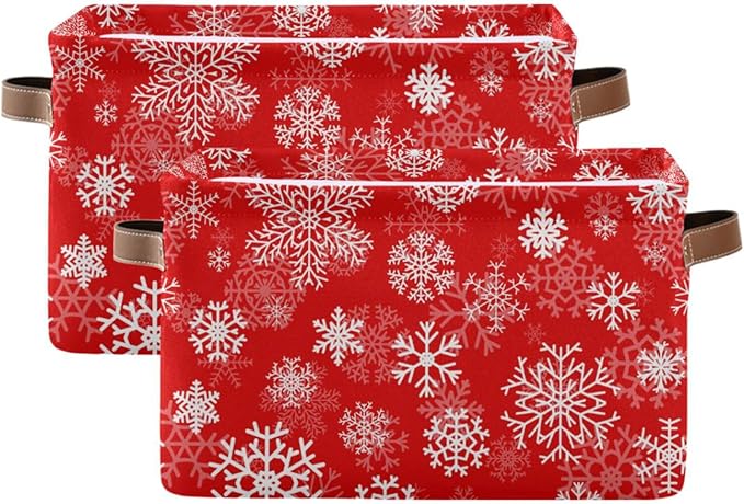 Christmas White Snowflakes on Red Storage Basket Cube Storage Bins Organizer Bag Collapsible Closet Shelf Baskets with handle for Baby Cloth Pet Toy Book 14.2×10.2×8.3 IN-Ruum Studio Home